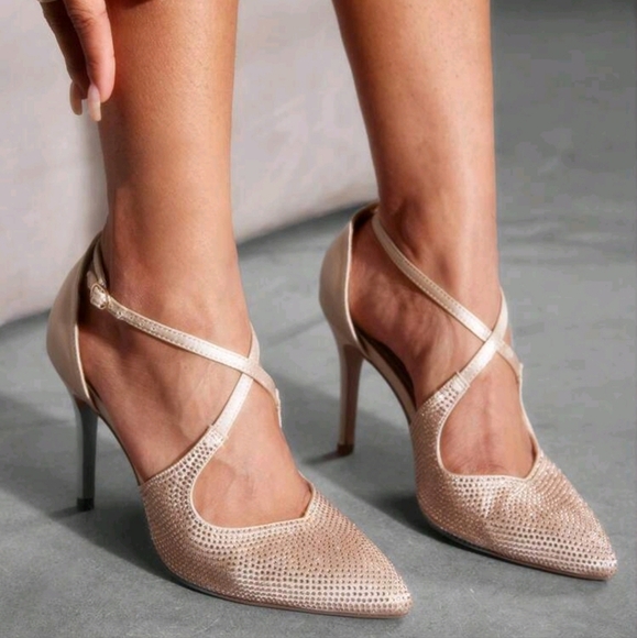 Apricot Color Pointed Toe Stiletto High Heel Ankle Strap Rhinestone Embellished - Picture 1 of 6